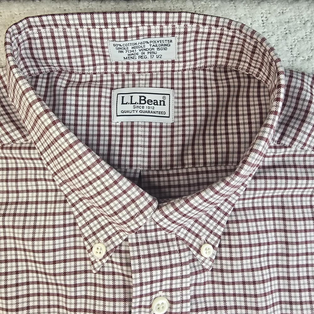 Vintage LL Bean Single Needle Tailoring Button Down Shirt Plaid 17.5 Red Gray